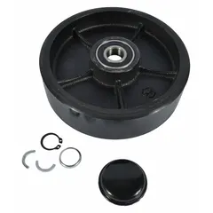 Replacement main wheel kit for Dayton pallet jack model 4YX97. Features a black polyurethane tread bonded to a steel core. Used to restore mobility and load-bearing function in material handling operations.