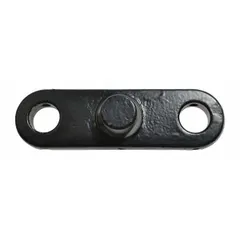 This steel linking plate is a replacement component for pallet jacks. It connects the fork assembly to the hydraulic unit, enabling lifting and lowering during material handling operations in warehouses and distribution centers.