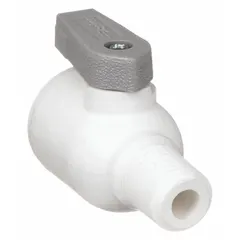 Polypropylene straight ball valve with full port, 1/4 in size, Push x MNPT connections, and lever handle. NSF 51 compliant for use in potable water and food-contact systems. Suitable for on/off flow control in industrial fluid handling.