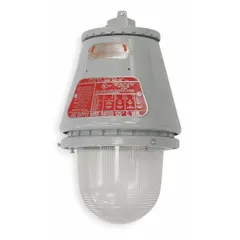 Bulb-dependent jelly jar light fixture for hazardous locations rated Class II, Div 1 and 2, Groups E, F, G. Operates at 120V AC with a 300 W capacity and T3C temperature code. Height 13 3/4 in. Suitable for areas with combustible dusts such as grain elevators, flour mills, and chemical plants.