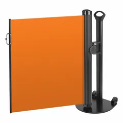 This retractable belt barrier system consists of a single mobile post with a 38-inch height and an 11 1/2 ft orange belt with no legend or pattern. The portable unit is used for temporary crowd control, safety delineation, and marking restricted areas in industrial environments such as factories and warehouses.