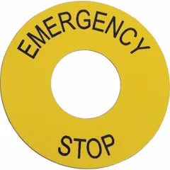 Round plastic legend ring for 22 mm panel mounting, overall diameter 2 3/8 in. White with black emergency-stop marking and English labeling. Designed for Series XAC enclosures in industrial control stations.