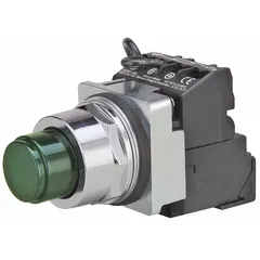 Momentary-action illuminated push button with an extended profile for enhanced visibility. Non-metallic construction, 30 mm mounting size, and 1 normally open / 1 normally closed contact configuration. Suitable for panel-mount operator interface and machine control applications requiring visual status indication.