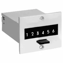 Analog electromechanical counter with front panel mounting for industrial counting applications such as production runs, machine cycles, or event totals. CE certified for compliance with European safety standards. Provides straightforward visual readout in control panel installations.