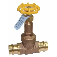 This APOLLO gate valve is a 1-1/2 in bronze rising stem valve with press x press connections, rated for 200 psi CWP. It features a solid wedge and wheel handle, with bronze wedge and bonnet. Designed for isolation service in potable water systems.