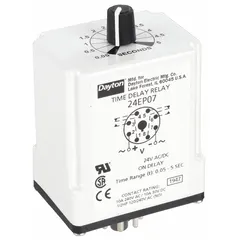 This Dayton socket-mounted relay provides an on-delay function, rated for 10 A at 24 V AC/DC. It features 8 pins/terminals for connection to a standard relay socket. Typical applications include delaying equipment startup in conveyor systems, HVAC controls, and pump sequencing to prevent simultaneous power surges.