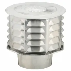 This vented rain cap is designed for terminating round 4-inch ducting in exhaust systems. Made of 3105 aluminum with a silver finish, it features a press-fit connection and a louvered hood to prevent rain entry. Suitable for residential and light commercial applications such as dryer, bath fan, or range hood exhaust terminations.