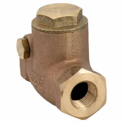 This bronze inline swing check valve features a swing disc design for low-pressure drop and prevents backflow in piping systems. With 1/4 in FNPT x FNPT connections, it is suited for horizontal or vertical flow installations in water, oil, and gas lines.