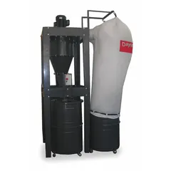 This central cyclone-style wood dust collector operates at 230/460V AC with a 2,900 cfm airflow. It uses a drum collection system and produces a sound level of 85 dBA. Designed for industrial dust collection, it captures airborne particles from woodworking machinery to improve air quality.