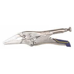 Quick-release locking pliers with long-nose jaws for gripping, clamping, and turning in confined spaces. Overall length 9 in, jaw length 2 1/8 in, max jaw opening 2 3/4 in. Suitable for automotive, plumbing, and metalworking applications where access is limited.