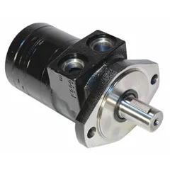 Parker TB Series hydraulic motor with SAE A 2-Bolt mounting flange. Displacement of 5.0 cu in/rev, maximum speed 409 RPM, rated pressure 1800 psi. Converts hydraulic pressure into rotary mechanical power for industrial applications such as conveyors, winches, and machine tools.