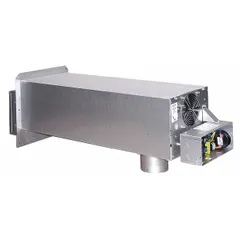 Pipe-mount exhaust draft inducer designed for oil heating applications. Operates on 115V AC with a current draw of 2.3 A. Includes a power vent system. Compatible with 4-inch pipe and supports natural gas appliances up to 180,000 BtuH maximum heater BTU input. ETL Listed.