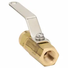 This mini brass ball valve features a straight body with FNPT x FNPT connections and a full port ball port. The lever handle provides manual on/off or shut-off control. Suitable for low-pressure air, water, and oil applications in piping systems.