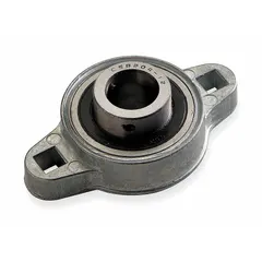 This inch-system flange-mount ball bearing has a 3/4 in cylindrical bore and a zinc finish. It uses set screws for shaft retention and is lubricated with NLGI #2 equivalent grease. The bearing measures 3 5/8 in length by 2 1/4 in width and requires a 5/16 in mounting bolt. It is suited for supporting rotating shafts in industrial equipment such as conveyors and fans.