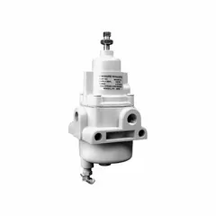 This BELLOFRAM filter regulator combines particulate filtration and pressure regulation for compressed air systems. It removes particles down to 40 micron and maintains output pressure from 0 to 60 psi. With a 1/4 in NPT port and 20 scfm flow capacity, it is suited for pneumatic circuits requiring clean, regulated air.
