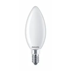 PHILIPS B11 LED bulb with candelabra screw (E12) base. 5 watts, 120V AC, 2700K color temperature, frosted finish. Suitable for decorative fixtures such as chandeliers, sconces, and pendant lights.