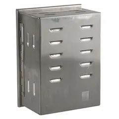 This single-wall stainless steel thermostat guard features a hinged cover with lock and key, providing controlled access to wall-mounted thermostats. The ring base design allows for easy installation. Inside dimensions: 7-7/8 in H x 5-11/16 in W x 3-3/8 in D; outside dimensions: 8-7/16 in H x 6-1/4 in W x 3-11/16 in D. Suitable for protecting thermostats in commercial or industrial environments.