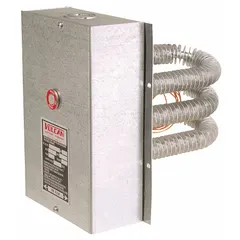 Finned tubular air duct heater rated at 6000 W, 480V AC, 3-phase, with an 8-inch installation depth. Designed for in-duct mounting to heat air in forced-air systems for industrial HVAC, process air heating, and drying applications.