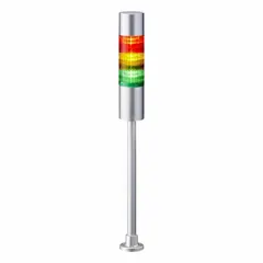 Three-tier tower light assembly with integrated sounder for visual and audible status indication. Features amber, green, and red light tiers, operates at 24V DC, and is rated IP54 for dust and splash protection. Direct wire connection. Suitable for machine status signaling in industrial environments.