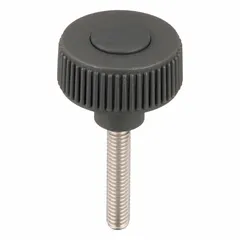 Knurled knob with threaded stud, 40 mm diameter, gray plastic body with stainless steel thread, 5/16"-18 thread size, 40 mm thread length. Used for manual clamping, positioning, and adjustment on industrial machinery, fixtures, and workholding setups.