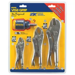 Set of three curved-jaw locking pliers with max jaw openings of 1 1/2 in, 1 1/8 in, and 1 7/8 in, and overall lengths of 5 in, 7 in, and 10 in. Used for gripping and clamping round or irregular workpieces in maintenance, fabrication, and assembly tasks.