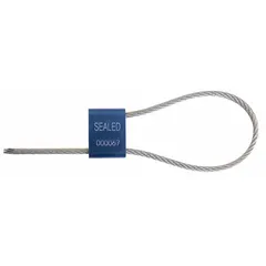 Adjustable-length cable seals with a 12-inch cable and 13/64-inch diameter, featuring an aluminum component. White marking displays 'Sealed' with random numbering. Supplied in a 200-pack. Used for securing and indicating tampering on valves, meters, and industrial equipment.