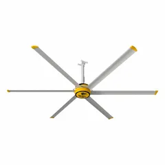 Industrial HVLS ceiling fan with 12 ft blade diameter, variable speed control, and single-phase power at 110-125V AC and 10 A. Suitable for large facilities requiring high-volume air movement to improve circulation and comfort. No light kit included.