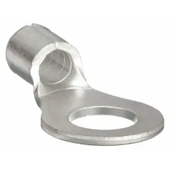 Non-insulated ring terminal rated for 600 V. Accommodates 12 AWG to 10 AWG wire sizes with a 1/4 in stud size. Used for secure electrical connections in industrial control panels, machinery, and power distribution.