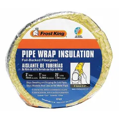 Fiberglass pipe wrap for thermal insulation of pipes in HVAC, plumbing, and process piping systems. Measures 1 inch thick, 3 inches wide, 25 feet long with an R-Value of 3.3. Helps reduce heat loss and prevent condensation on cold pipes.