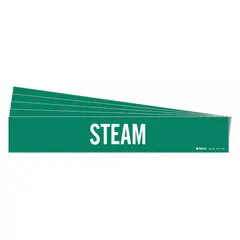 Adhesive pipe markers with green background and white legend text reading 'Steam'. Designed for pipes with an outer diameter of 8 inches and larger. Pack of 5 markers without arrows. Used to identify steam piping in industrial facilities.