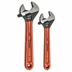 This adjustable wrench set includes three wrenches in 6 in, 8 in, and 10 in sizes. Made from alloy steel with a black oxide finish, the wrenches feature cushion grip handles for user comfort. The adjustable jaw allows for turning nuts, bolts, and fittings of various sizes in general maintenance, plumbing, and mechanical tasks.