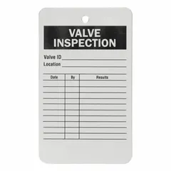 White aluminum rectangle valve tag for indoor use. Measures 3 inches wide by 5 inches high. Supplied as a pack of 25 tags. Used to identify and mark valves in industrial facilities.