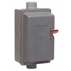 Enclosed non-reversing manual motor starter with thermal overload protection. Rated 36 A, NEMA Size 1P, 2 poles, maximum 600V AC. Requires one thermal unit (not included). Used for starting and stopping motors in industrial applications.