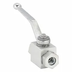 Two-position, two-way hydraulic ball valve with female ports and 3/8 in SAE O-Ring Boss connections. Features a 4.53 in handle, non-lockable design, and Nitrile ball and shaft seals. Suitable for on/off flow control in hydraulic systems.