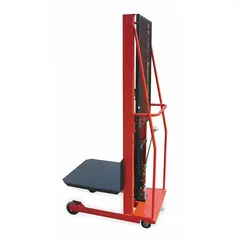 Platform lift truck with 1000 lb capacity. Steel platform measures 30 in long by 32 in wide. Lift range from 5 3/4 in to 68 in. Equipped with two swivel casters for maneuverability. Used for lifting and moving heavy loads in industrial facilities, warehouses, and manufacturing plants.