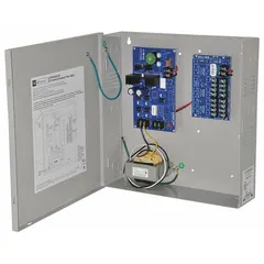 Steel-enclosed power supply board accepting 115V AC input and delivering adjustable 6-15VDC at 4A. Suitable for power distribution in control panels, security systems, and access control installations.