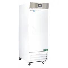 This upright lab refrigerator provides 26 cu ft of storage with a temperature range of 1°C to 10°C. It features a white swing solid door that opens to the right, uses R-290 refrigerant, and includes a temperature alarm. Suitable for general purpose storage of temperature-sensitive materials in laboratory environments.