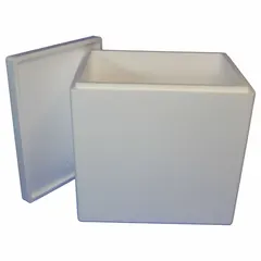 Cardboard outer box with white finish and 1.25 in thick Styrofoam insert. Used for temperature-sensitive shipments requiring thermal protection during transit.