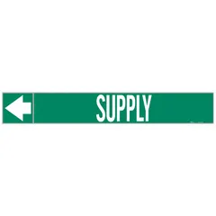 Adhesive pipe marker on a roll with green background and white legend reading 'Supply'. Designed for pipes with outer diameter 1-1/2 to 2 inches. Includes directional arrows. Each roll contains 25 markers. Used to identify supply lines in piping systems.