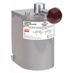 This Dayton drum switch is a 3-pole, single-phase, momentary, reversing switch with a NEMA 1 enclosure. It is used to control the direction and operation of single-phase motors in industrial machinery such as hoists, conveyors, and machine tools.