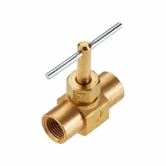 Brass inline needle valve with screw-in bonnet and metal tee handle. 1/4 in pipe size, female IPS connections on both ends. For water media. RoHS compliant.