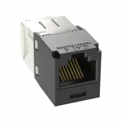 PANDUIT Category 6 RJ45 jack module for terminating copper network cabling in structured cabling systems. Black, 1-port module compatible with solid or stranded copper conductors. Supports high-speed data transmission for voice, data, and video applications. Sold in a 24-pack.