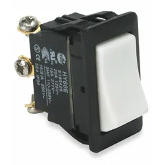General-purpose rocker switch with SPDT contacts and two positions (on/on). Rated for 2 hp, suitable for industrial control circuits, machinery, conveyors, and panel applications requiring simple on/on switching.