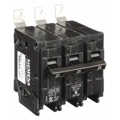 The SIEMENS B325 is a 25 amp, 240V AC, 3-pole miniature circuit breaker from the BL Series. It features a standard trip type and a maximum AIR rating of 10kA at 240V AC. Designed for bolt-on installation in Siemens P1 Panelboards, it provides overcurrent protection for three-phase branch circuits in commercial and industrial electrical distribution systems.