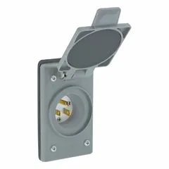 General purpose inlet rated 125V AC, 15 A, 2 pole, 3 blade with NEMA 5-15P configuration. Gray housing. Used for connecting portable generators or temporary power to equipment in industrial, commercial, and maintenance settings.