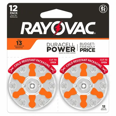 RAYOVAC Hearing Aid Batteries: 13 Battery Size, Zinc Air, 300 mAh Capacity, 1.4V DC - Disposable Coin & Button Batteries