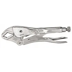These curved-jaw locking pliers feature a lever mechanism for secure clamping. With a 7-inch overall length and a 1 1/2-inch maximum jaw opening, they are suited for gripping round or irregular workpieces in metalworking, fabrication, and maintenance tasks.