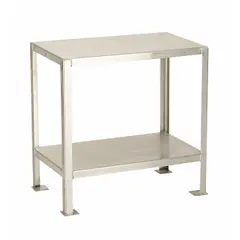 Fixed-height worktable with a stainless steel top measuring 30 inches by 18 inches. Supports up to 1,200 lb overall load. Suitable for industrial kitchens, laboratories, and clean rooms where a corrosion-resistant and easy-to-sanitize work surface is required.
