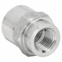 This steel hydraulic hose adapter features female NPTF threads on both ends, with sizes 1/2 in and 3/8 in. It is a rigid, straight fitting designed for connecting two female NPTF ports in hydraulic systems, providing a leak-resistant seal without the need for sealant. Typical applications include fluid power connections in industrial machinery and equipment.