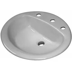 This SLOAN countertop bathroom sink is made of vitreous china in a white finish. It measures 20 inches in length and 17 inches in width, with three faucet holes. Mounting hardware is included; faucet is not supplied. Suitable for standard vanity installations in commercial or residential restrooms.